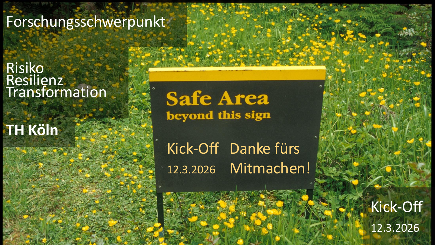 Abschlussfolie mit Safe-Area-Schild in gelb-grüner Natur und Dankesgruß