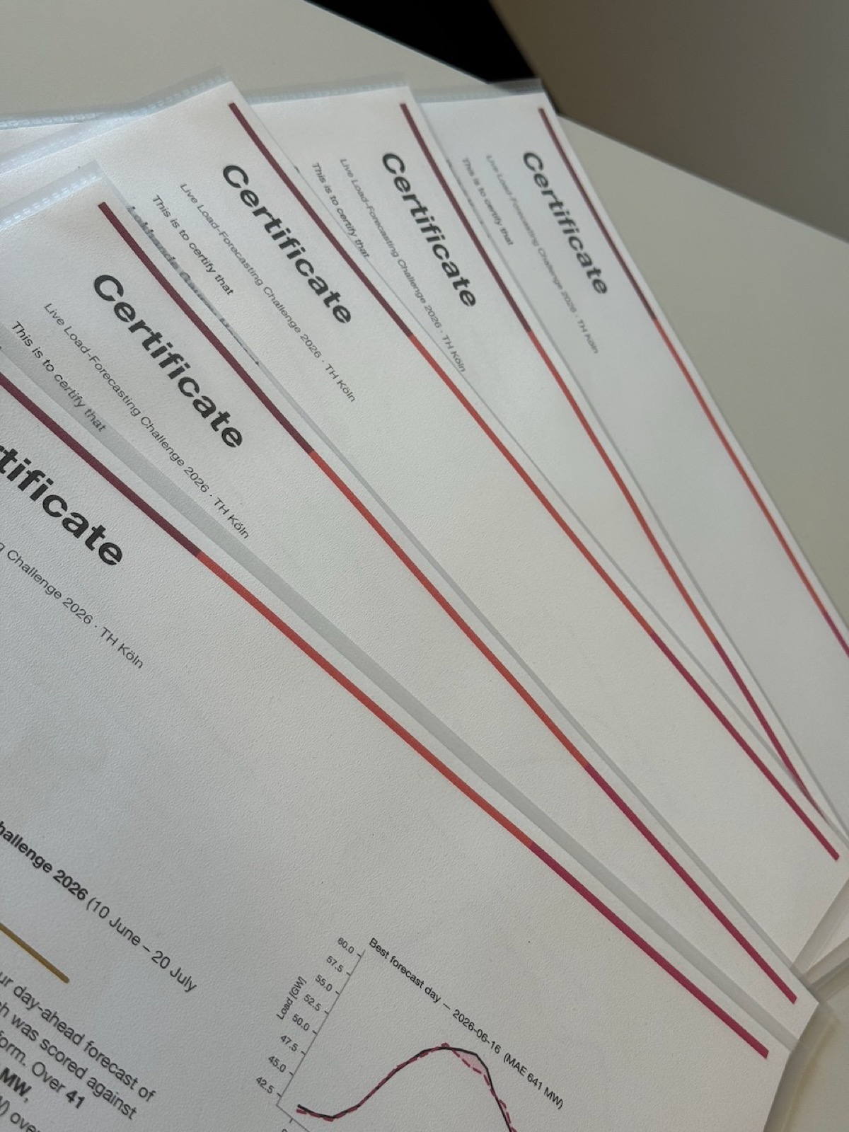 The certificates of the Live Load-Forecasting Challenge 2026 fanned out on a table
