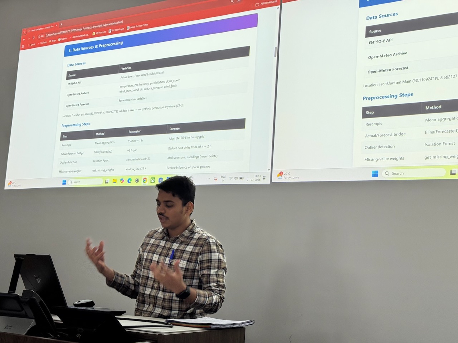 A student explains the data pipeline built from ENTSO-E and Open-Meteo data