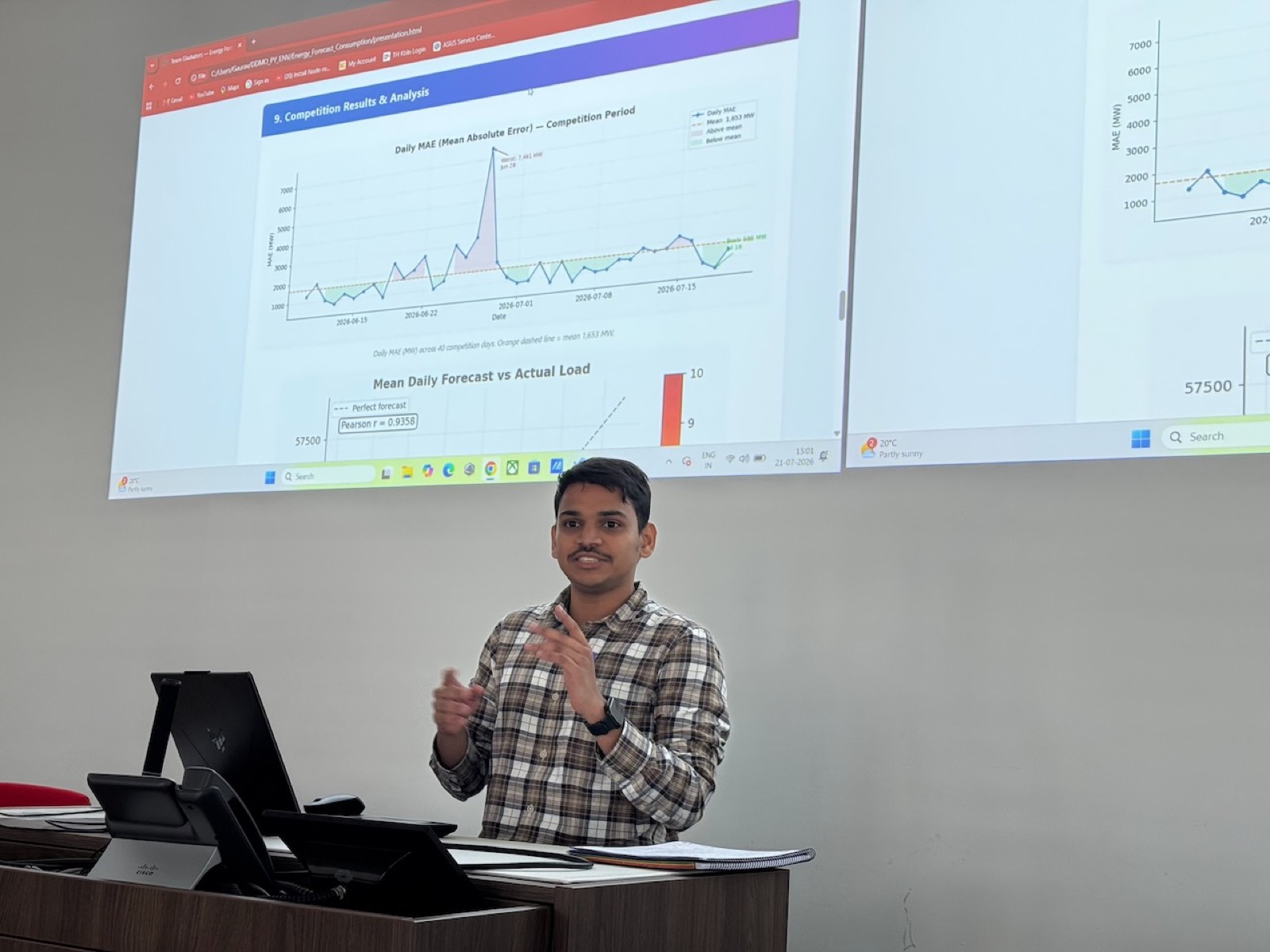 A student presents his team's competition results