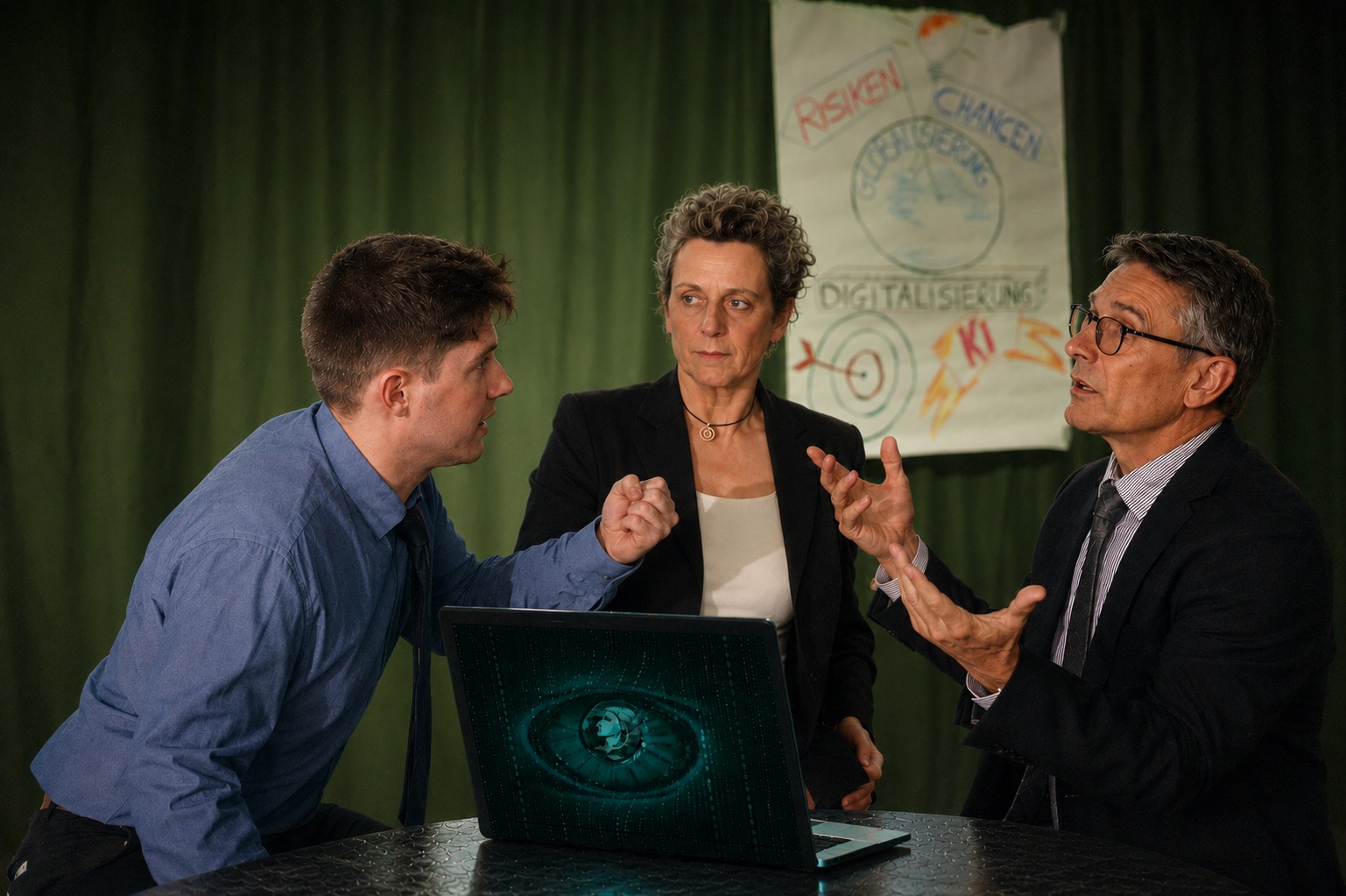 Drei Schauspielende in einer Bürosituation um einen Laptop, im Hintergrund ein Flipchart mit den Stichworten Risiken, Chancen, Globalisierung, Digitalisierung und KI